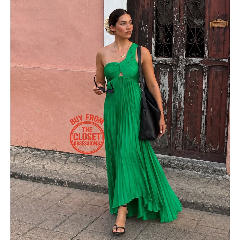 Mango NWT Emerald Green One Shoulder Pleated Maxi Dress 6 8 10 - Picture 12 of 16
